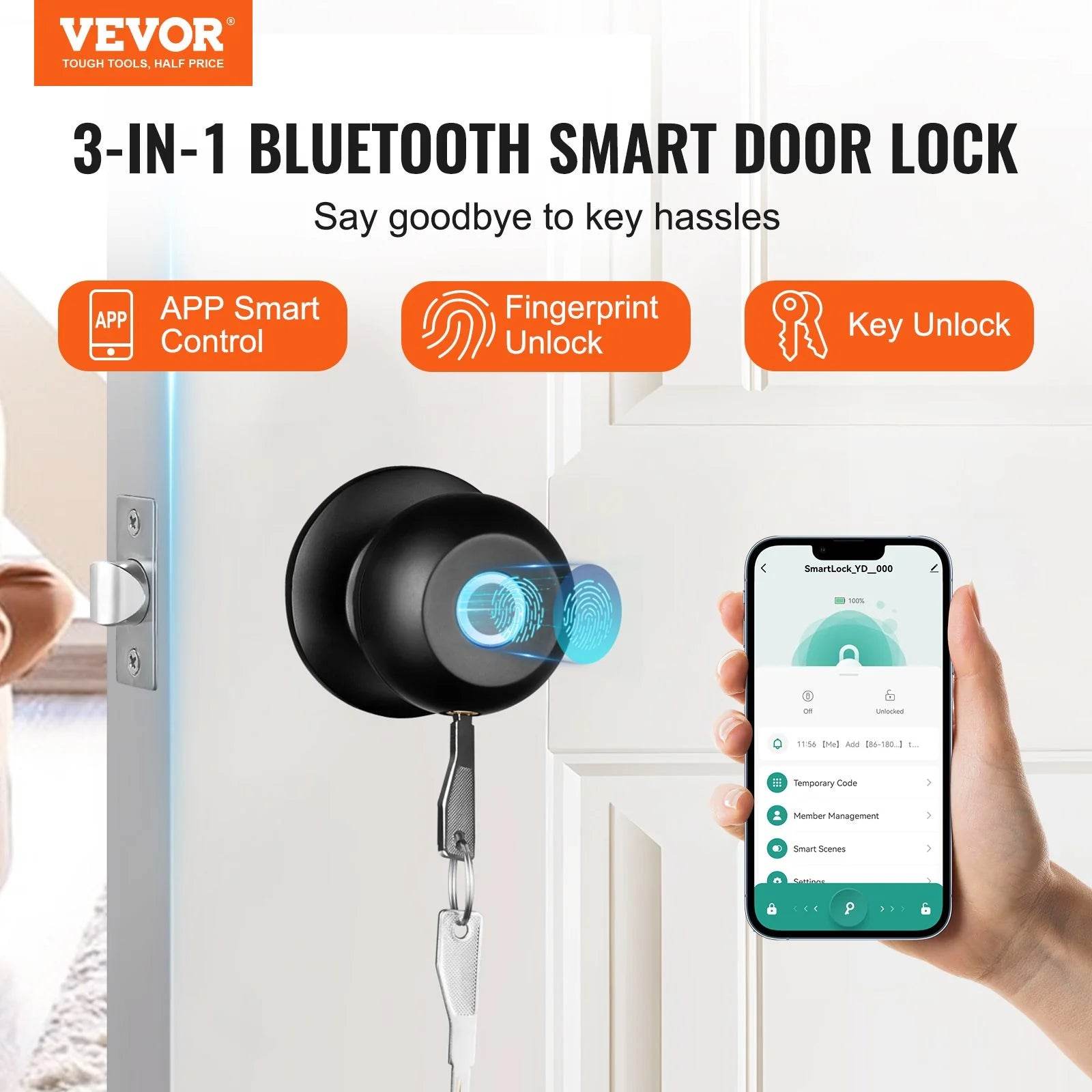 VEVOR Smart Door Lock - Biometric Bluetooth Fingerprint Door Knob with APP Control for Home, Offices, Hotels, and Apartments - Easy Installation, Black - Flowly Home