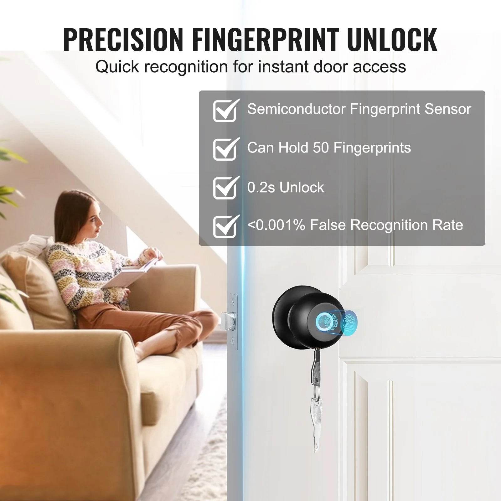 VEVOR Smart Door Lock - Biometric Bluetooth Fingerprint Door Knob with APP Control for Home, Offices, Hotels, and Apartments - Easy Installation, Black - Flowly Home