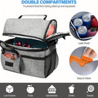 Insulated Lunch Bag - Large Grey Tote with 2 Compartments, Shoulder Straps, Leak-Proof Design - Reusable for Men, Women, and Adults - Ideal for Office, School, and Picnics - Flowly Home