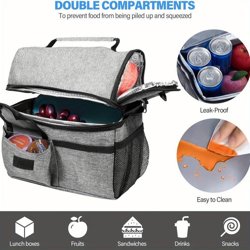 Insulated Lunch Bag - Large Grey Tote with 2 Compartments, Shoulder Straps, Leak-Proof Design - Reusable for Men, Women, and Adults - Ideal for Office, School, and Picnics - Flowly Home