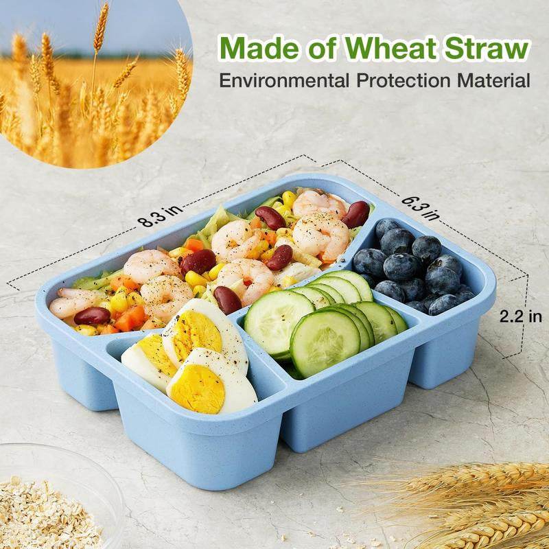 Bento Lunch Box 4 Pack - 4 Compartment Wheat Straw Meal Prep Containers for Kids, Toddlers, and Adults - BPA Free Reusable Food Storage for School, Work, and Travel - Flowly Home