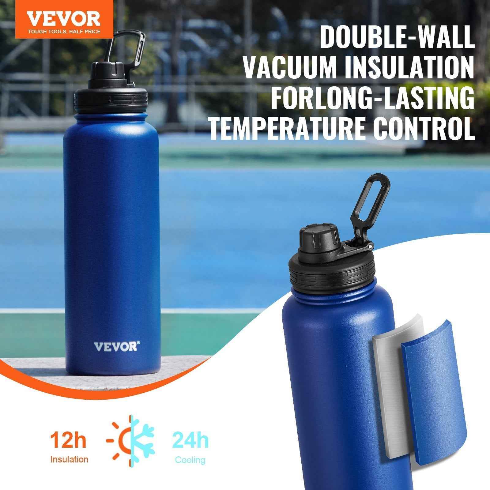 40 Oz Insulated Stainless Steel Water Bottle with Wide Mouth Lid Blue - Flowly Home