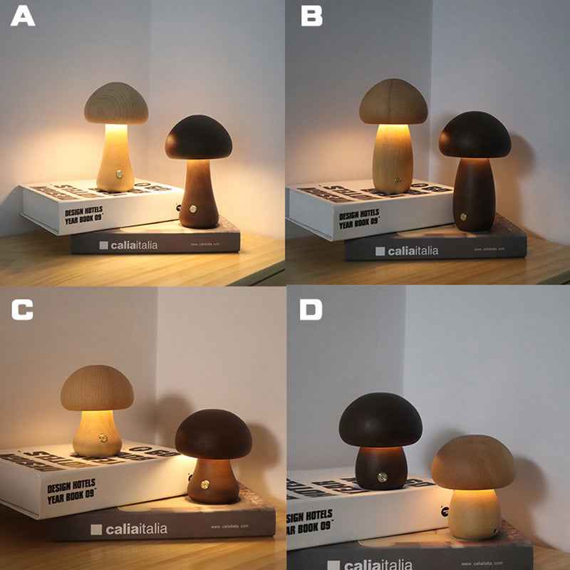 INS Wooden Mushroom LED Night Light with Touch Switch - Cute Bedside Table Lamp for Children's Room and Home Decor