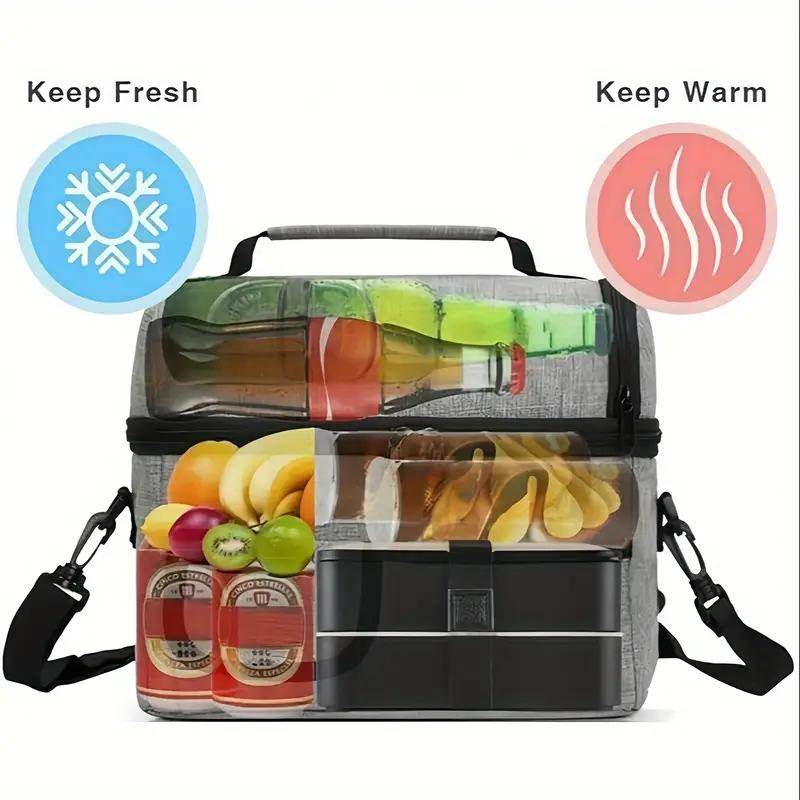 Insulated Lunch Bag - Large Grey Tote with 2 Compartments, Shoulder Straps, Leak-Proof Design - Reusable for Men, Women, and Adults - Ideal for Office, School, and Picnics - Flowly Home