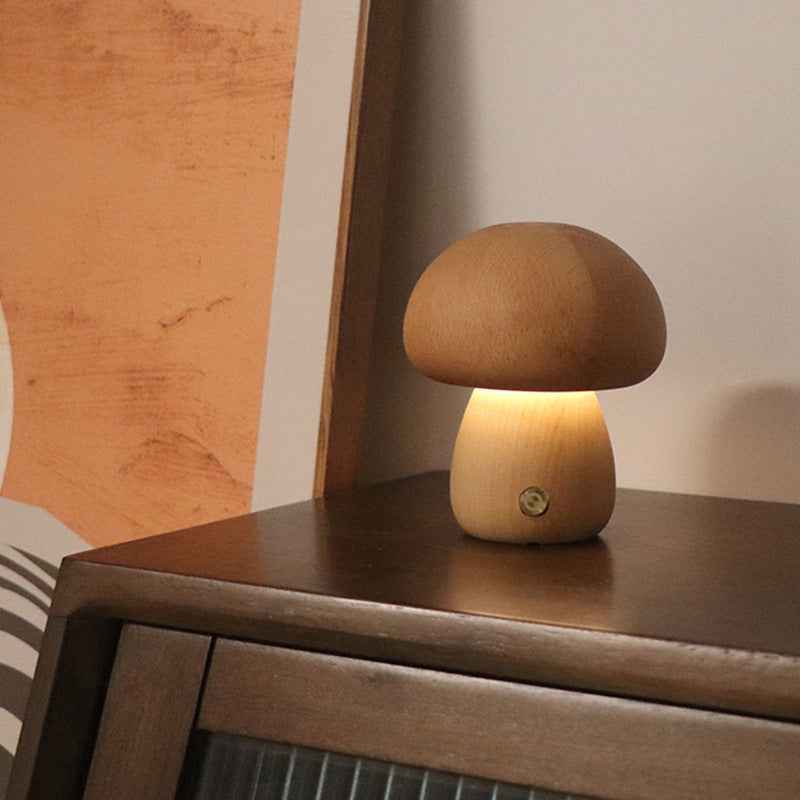 INS Wooden Mushroom LED Night Light with Touch Switch - Cute Bedside Table Lamp for Children's Room and Home Decor