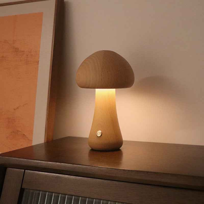 INS Wooden Mushroom LED Night Light with Touch Switch - Cute Bedside Table Lamp for Children's Room and Home Decor